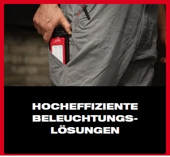 Beleuchtung Hand mit Taschenlampe in der Hose, darunter der Text: "Hocheffiziente Beleuchtungslösungen".